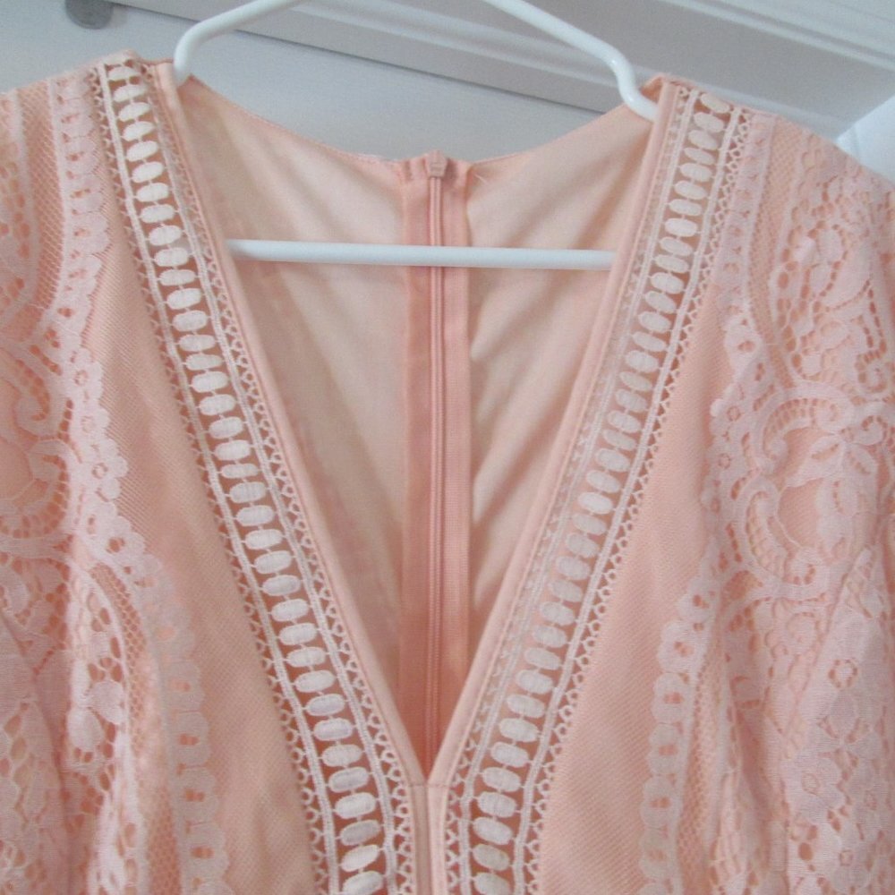 Long Flowy Maxi Dress Womens Peach Orange Short Sleeve Flared V Neck Zip Up Back - Picture 2 of 12